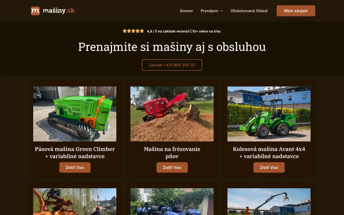 Web Mašiny.sk, prenájom strojov s obsluhou, zobrazenie na počítači